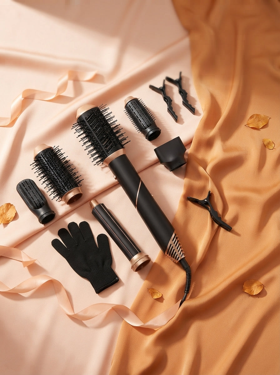 A 5-in-1 hot air hair styler with its five interchangeable styling heads laid out on a soft peach and amber fabric background