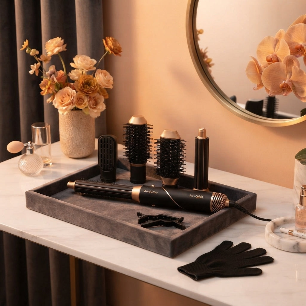 A premium arrangement of three Hooba hair styling tools on a marble vanity in a sophisticated, sunlit dressing room.