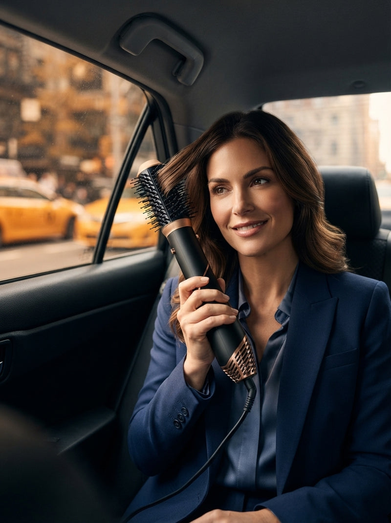 A woman using a hot air hair styler inside a taxi in New York City.